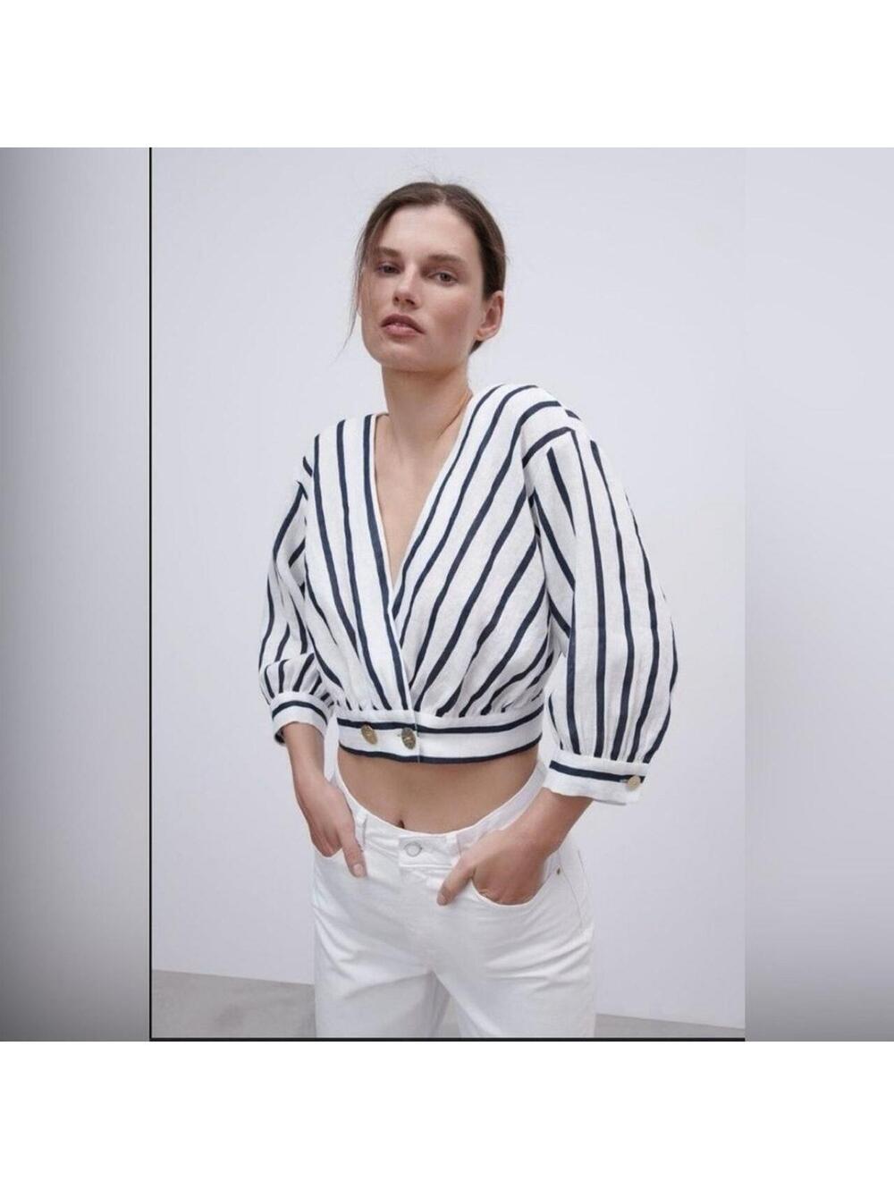 ZARA Stripped Linen Top. Size: Large